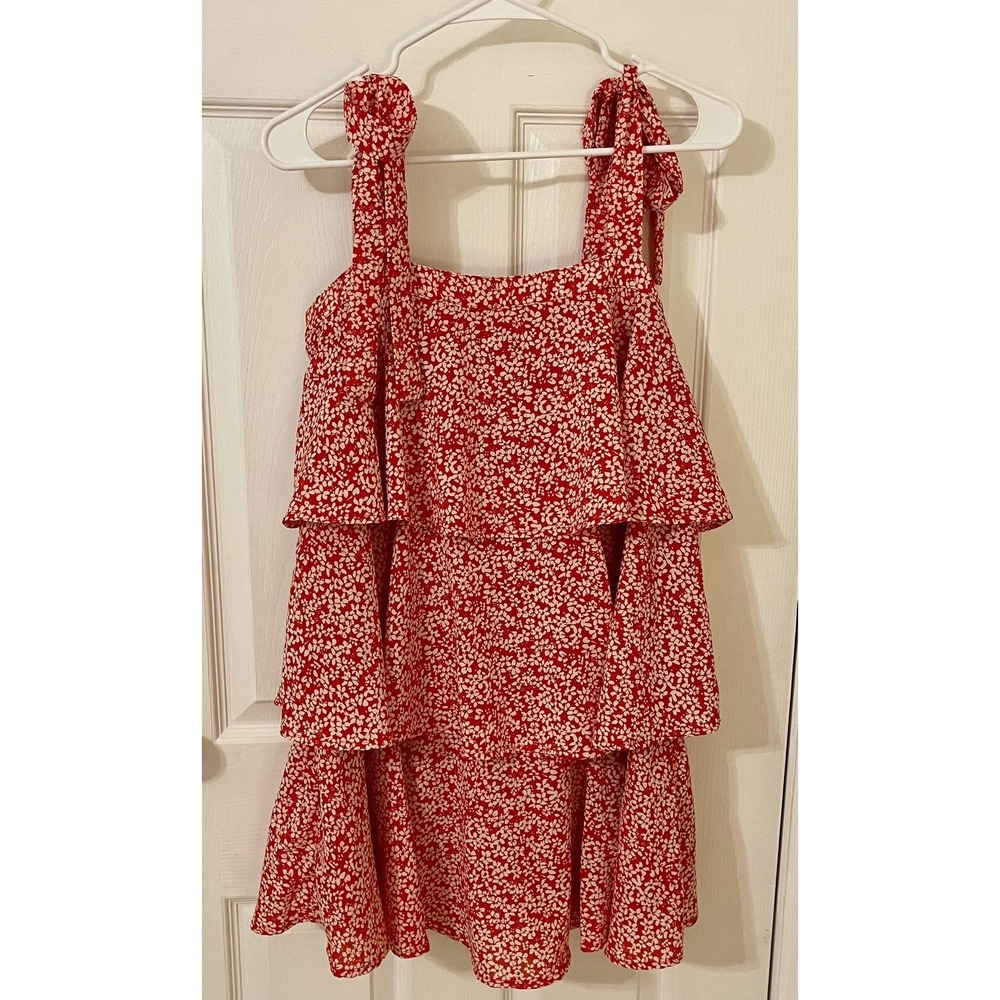 Entro Red Flower Printed Midi Dress Tiered  and Lined Medium